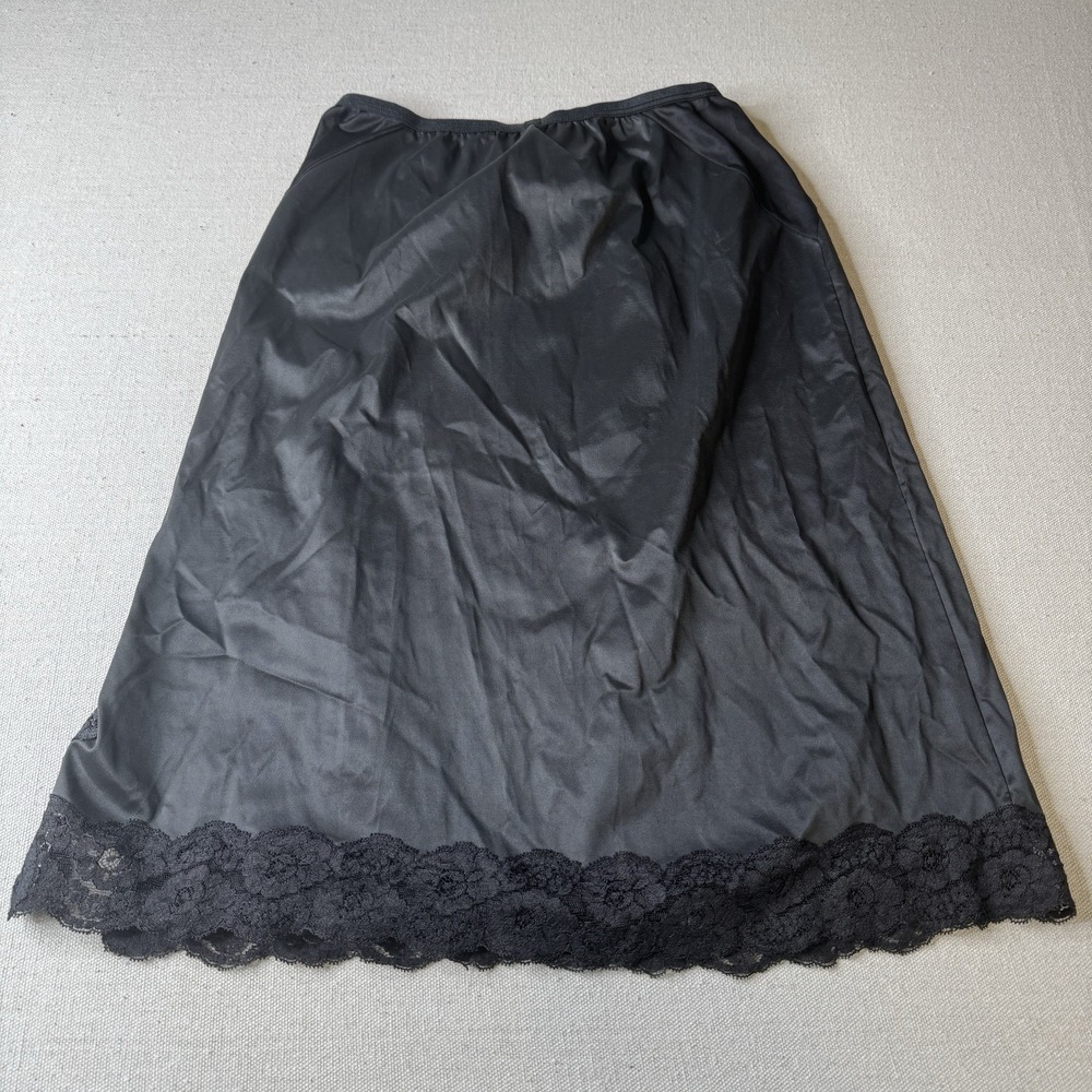 Vintage Vanity Fair Black Nylon Half Slip Lace, Side Split & Mesh Waist Details